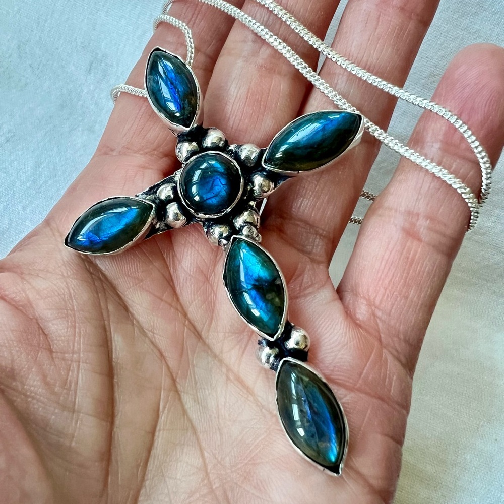 925 Blue FIRE Flash Labradorite Cross Pendant Necklace
